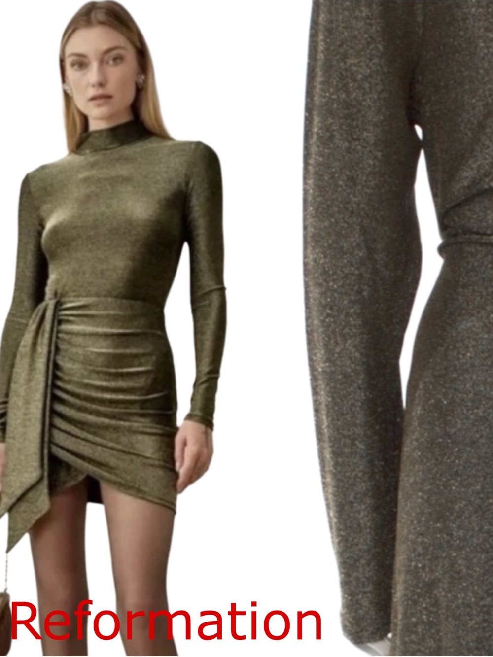 REFORMATION Paprika Gold Sparkle Long Sleeve Stretchy Knotted Dress